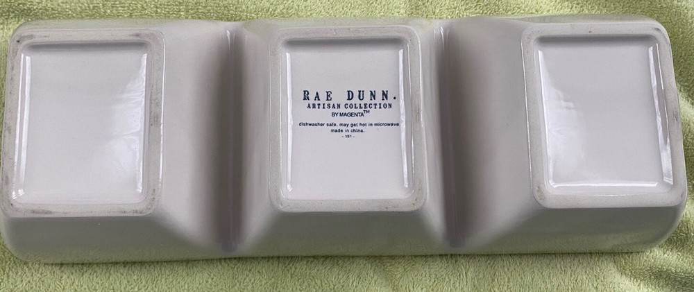Rae Dunn White Ceramic “SNACK" "NIBBLE" & "BITE" 3-Compartment Dip Tray EUC!!