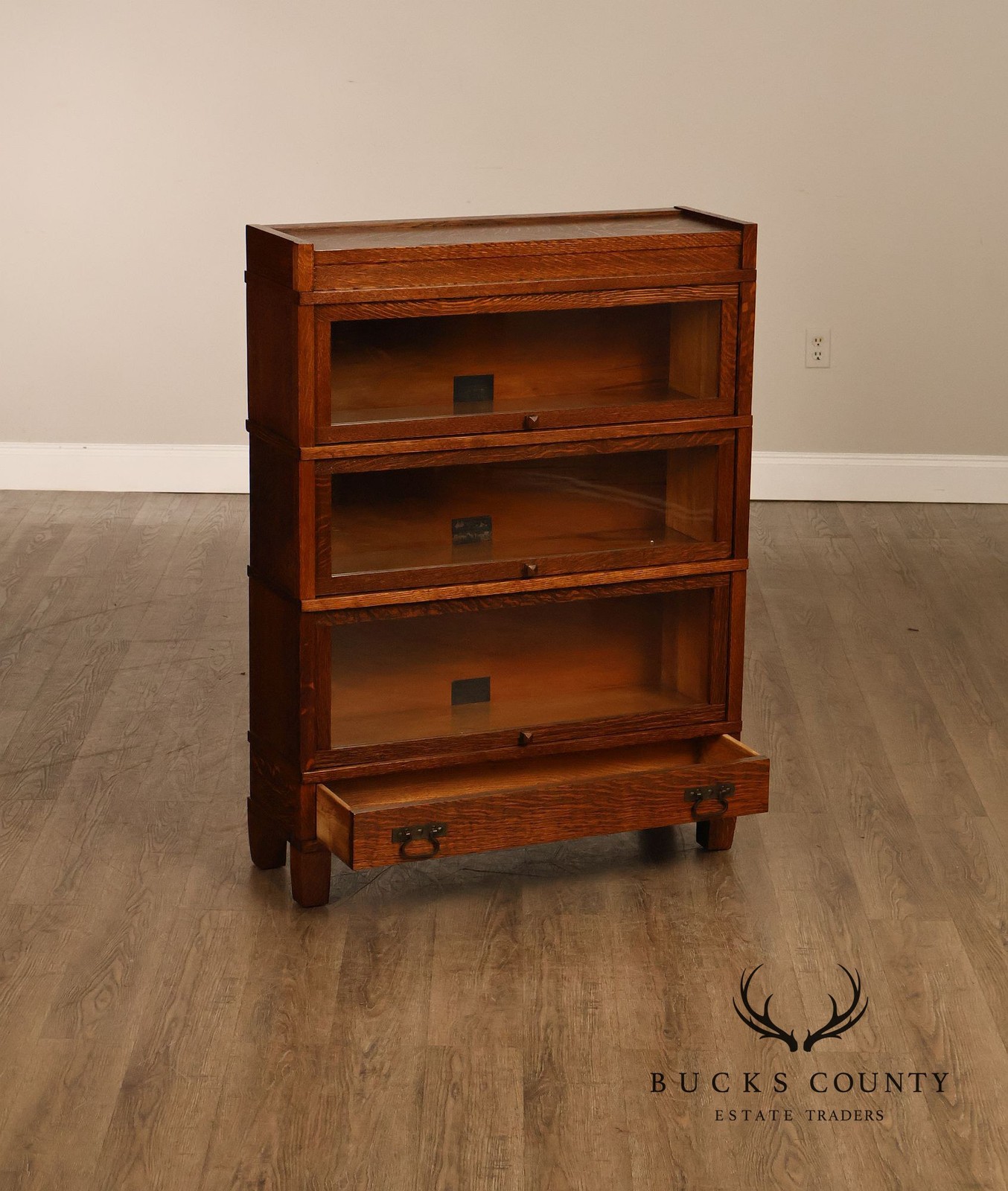 Antique Globe Three-Stack Barrister Bookcase With Base Drawer