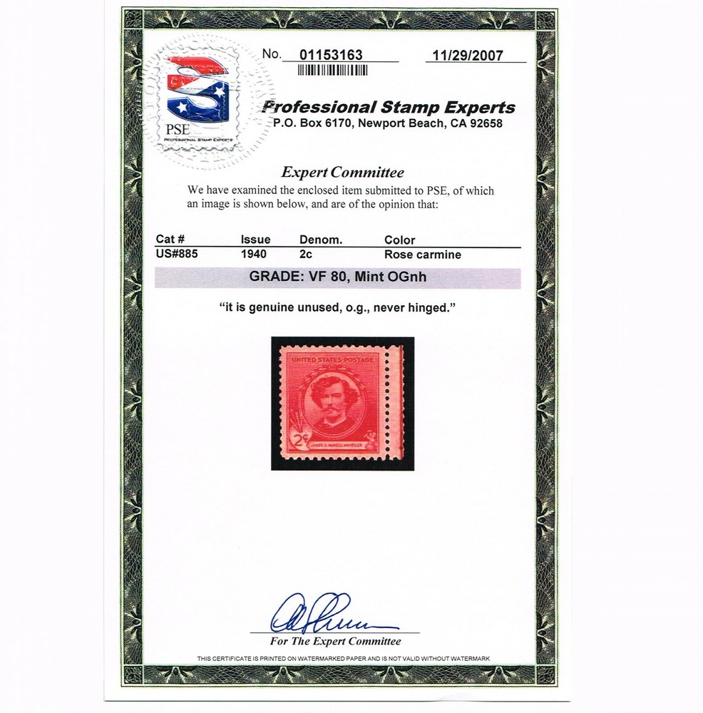 EXCEPTIONAL GENUINE SCOTT #885 VF MINT PRISTINE OG NH PSE GRADED CERT