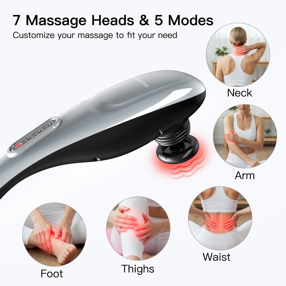 MEGAWISE Handheld Back Massager | Deep Tissue Percussion Massage Silver Grey