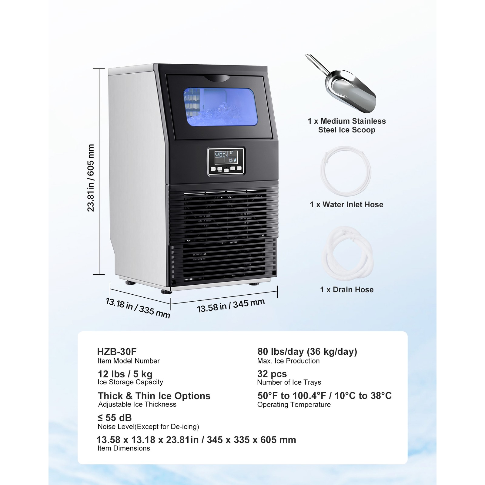 Uimoso 80lbs/24h Commercial Ice Maker Home Bar Restaurant Built-in Cube Machine