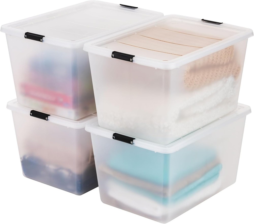 4-Pack High-Capacity Clip Box with Latching Lids, 55 Quart Storage Bins, Supp...