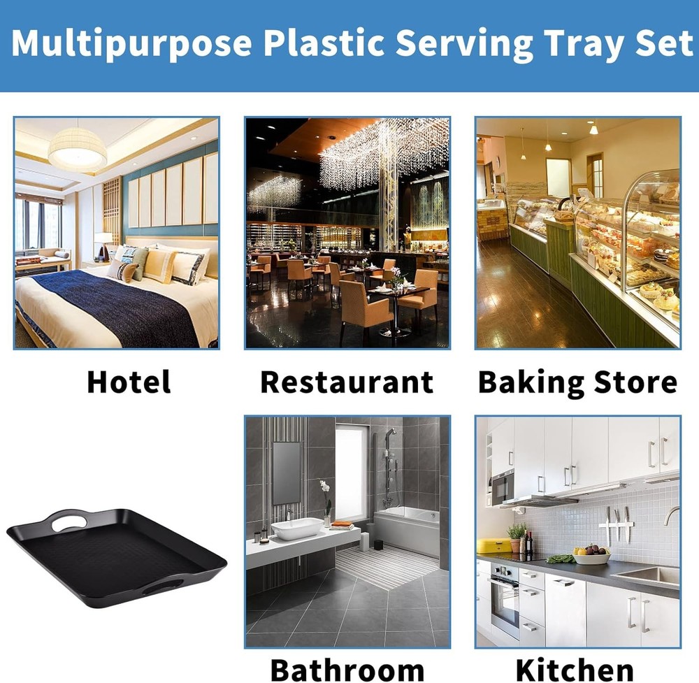 Plastic Tray with Handles, 2 Pack Multi-Purpose Rectangular Large, Black-a