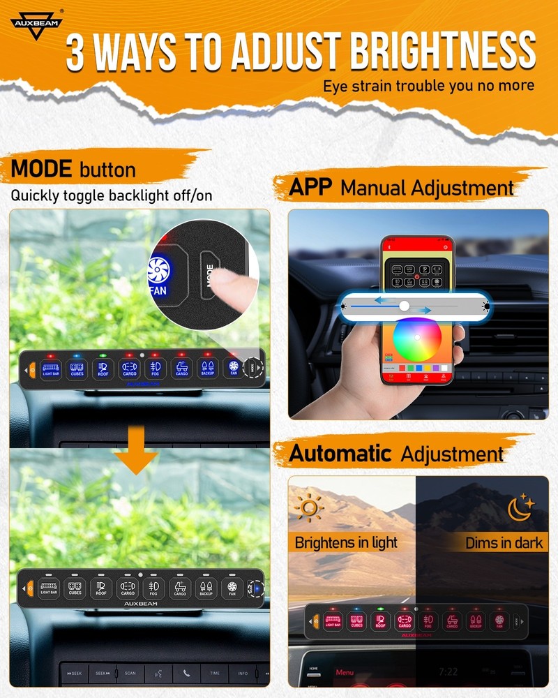 AUXBEAM 8 Gang RGB Switch Panel APP & Remote Control Automatic Dimmable for Ford
