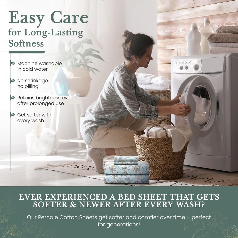 Feather & Stitch Softest 100% Cotton Sheets, 300 Thread Count Percale Weave B...