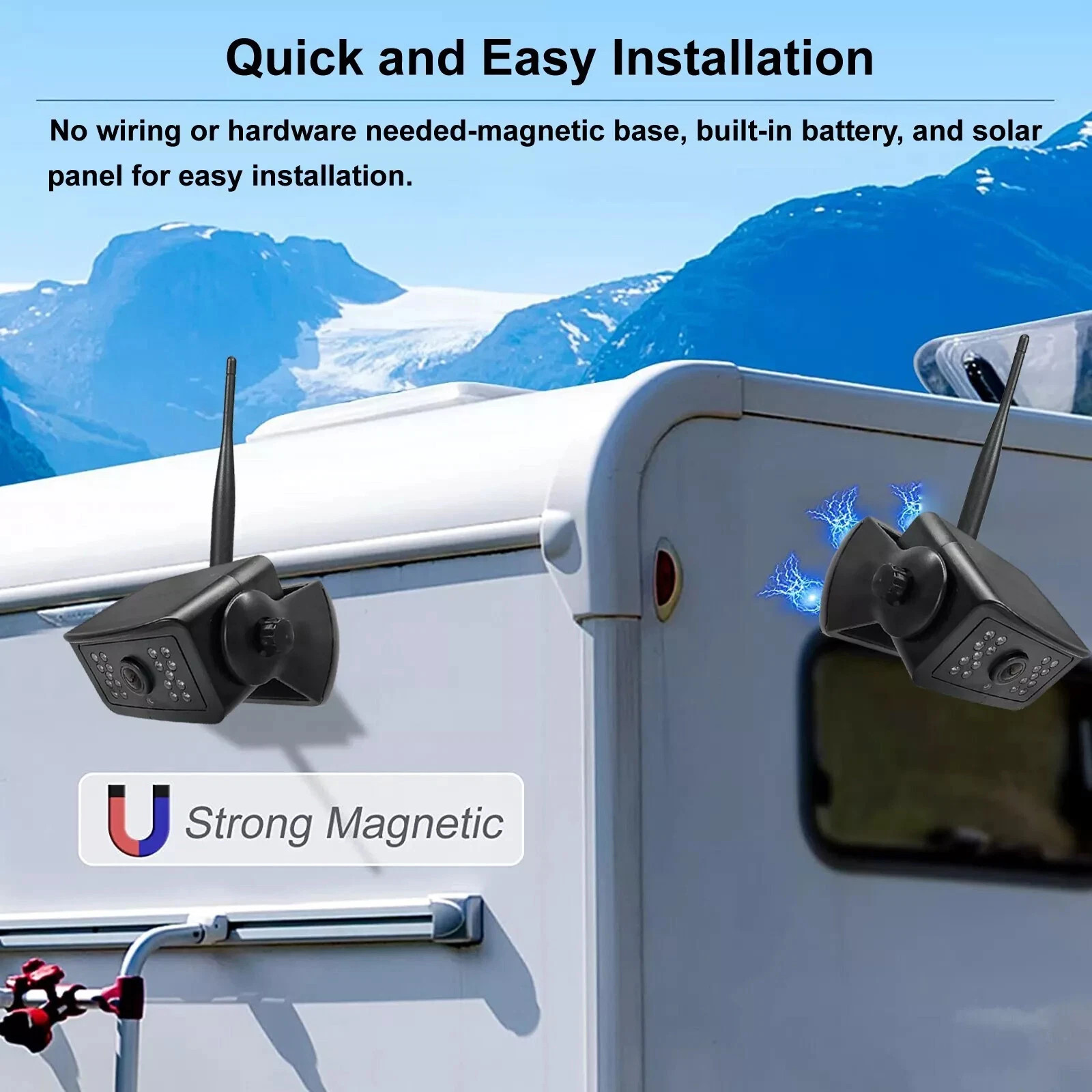 Magnetic Solar Wireless 1080P Backup Camera 5'' DVR Monitor For RV Trailer SUV