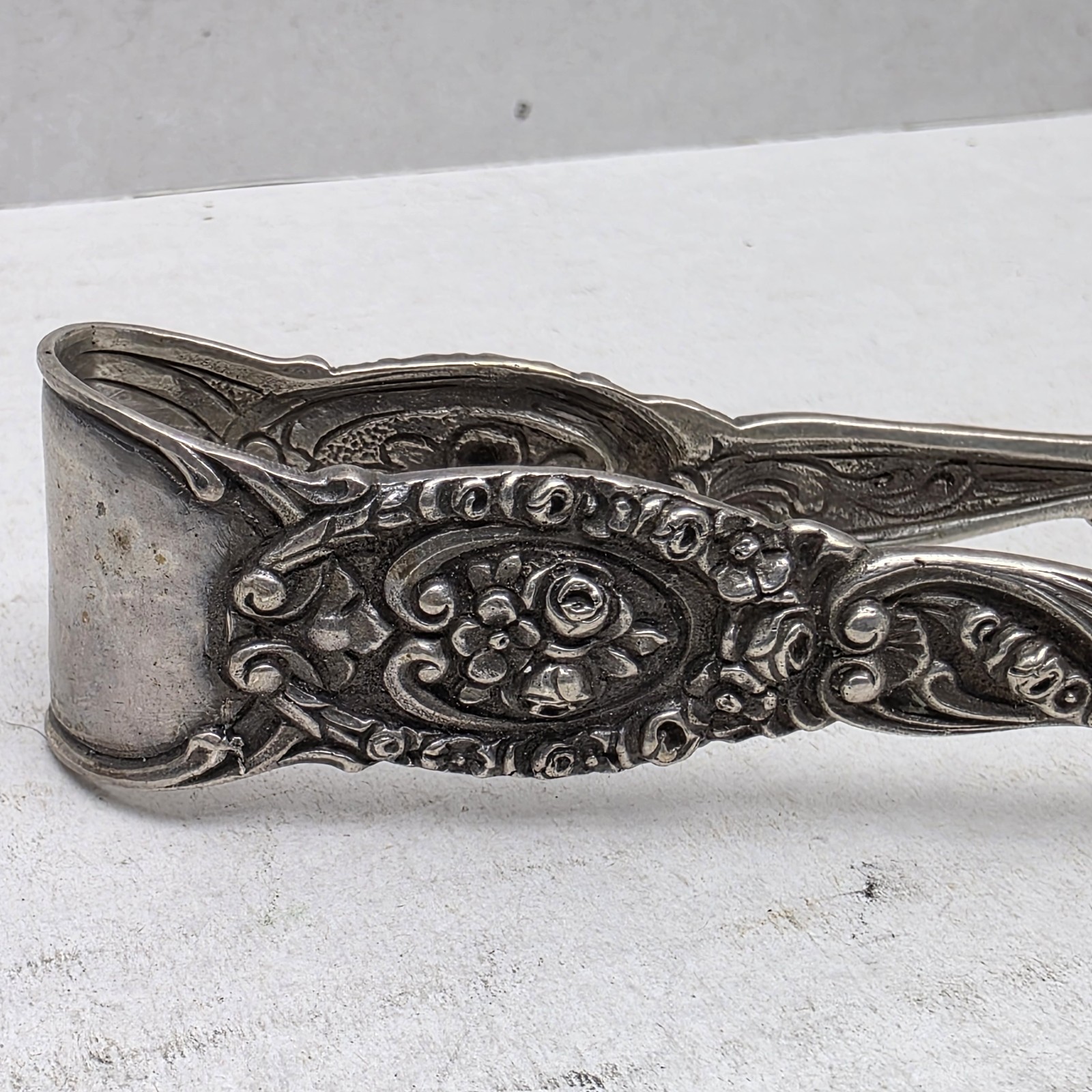 Antique German 830 Silver Sugar Tongs - Ornate Hildesheimer Rose Pattern - 4"