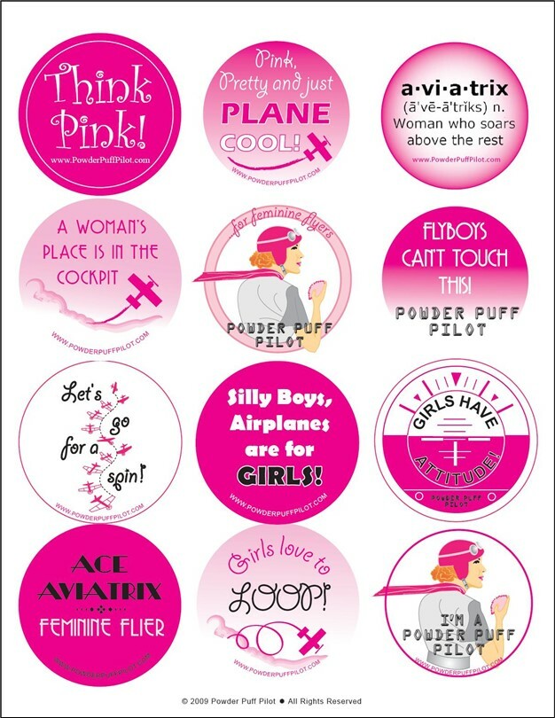 Sticker set from Powder Puff Pilot, 3 identical sheets, 12 designs each
