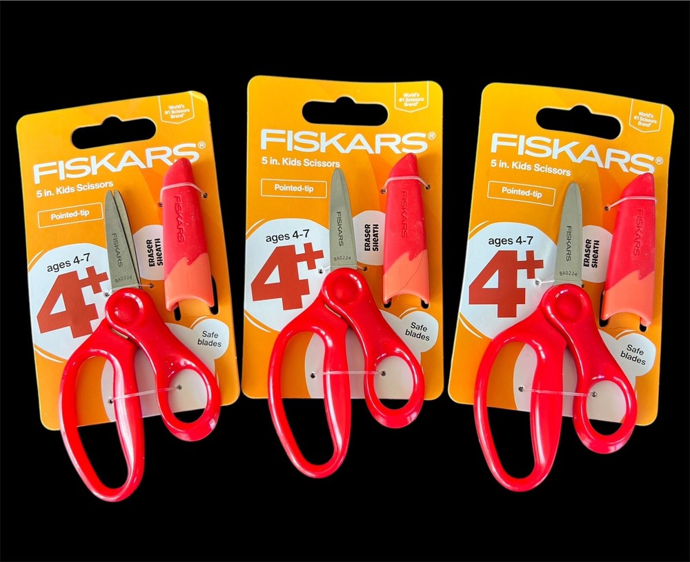 Fiskars Pointed-Tip Kids Scissors (5 in.) with Sheath Safety-Edge Red 3 pack