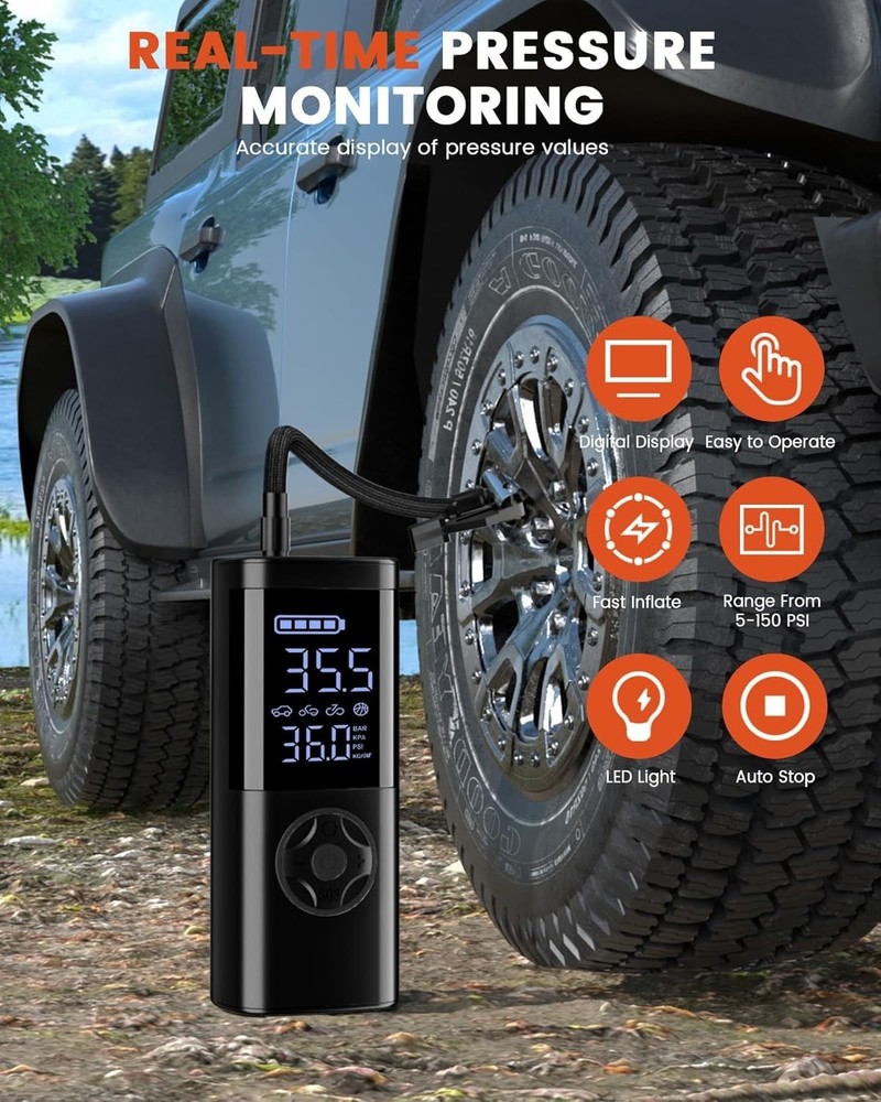 Mini Air Compressor with Emergency LED Light & Cordless Operation for Vehicles