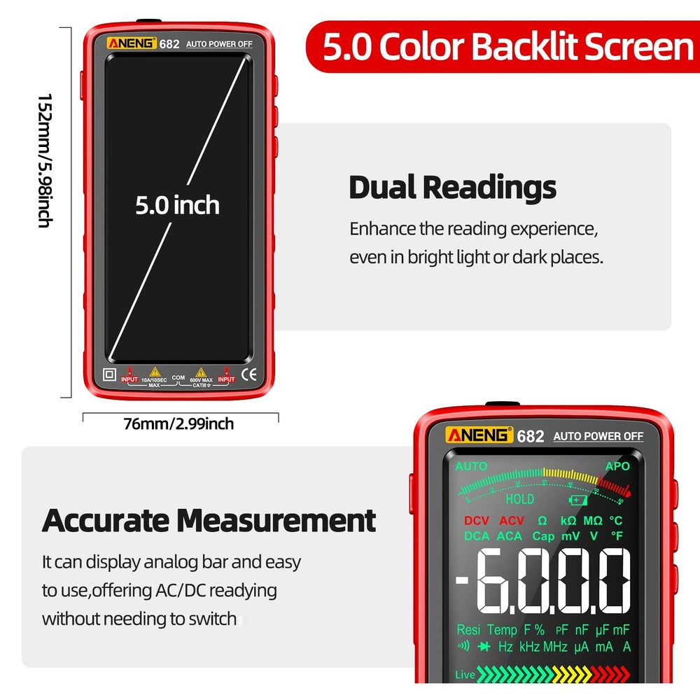 ANENG Multimeter Tester Color LCD TRMS Auto-Ranging 6000 Counts Multicolor