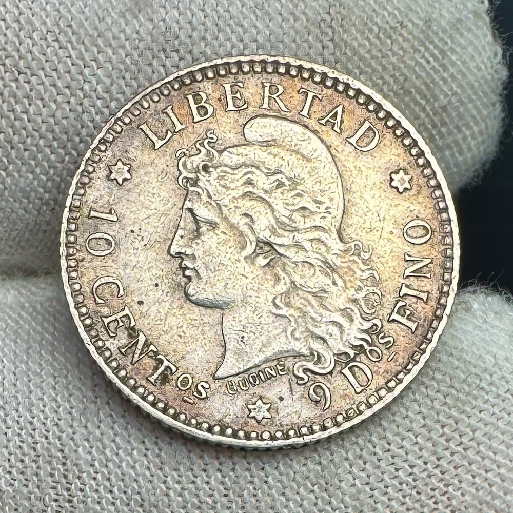 1883 Argentina AR 10 Centavos - Lightly Cleaned before - Light Luster Remaining