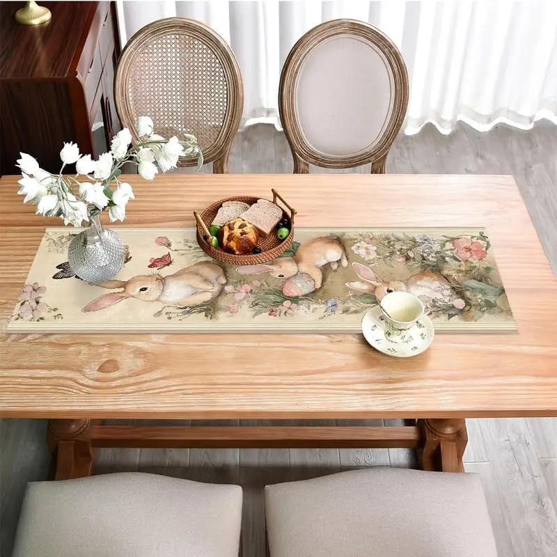 Easter Table Runner Flower Retro 13x72 Inch , Cute Rabbit Pattern Table , Easter