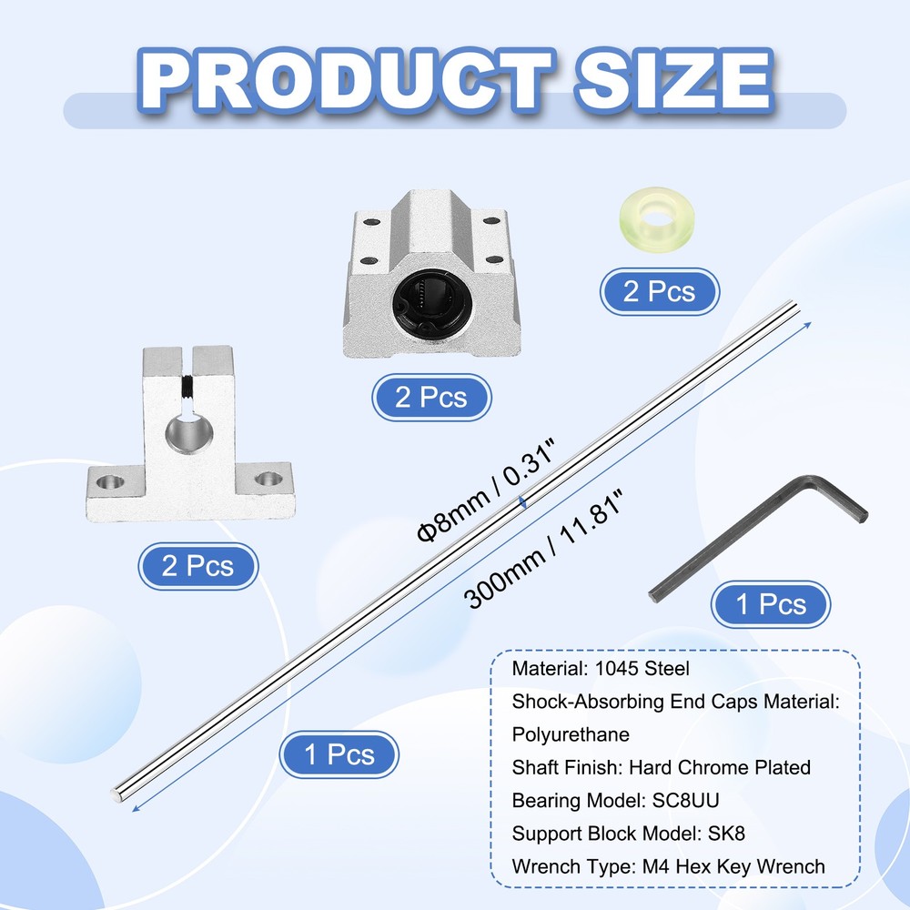 8mm x 300mm Linear Motion Rod Shaft Set, Linear Guide Rails for 3D Printer