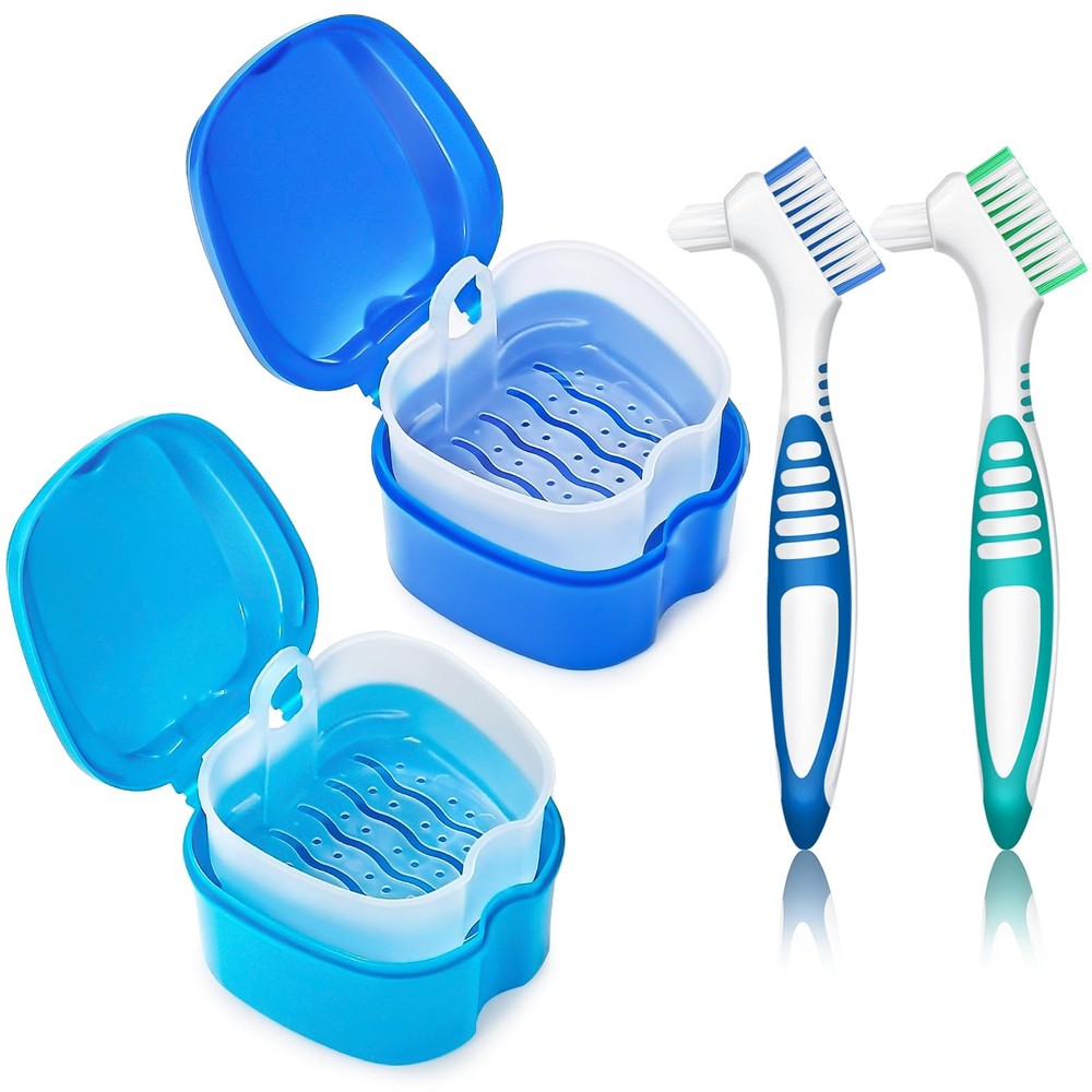 2PCS Denture Soaking Cups Retainer Mouth guard Cleaning Case With Brushes