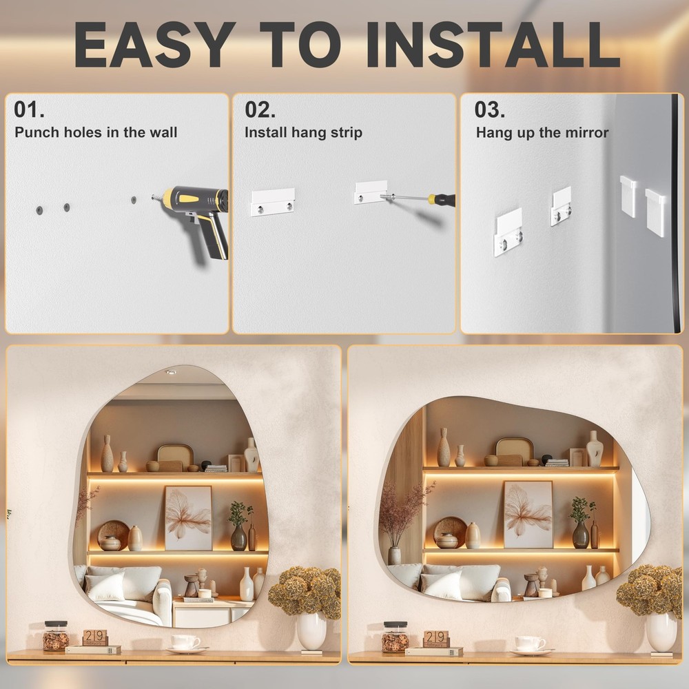 Irregular Wall Mirror - 40"x30" Asymmetrical Frameless Mirror, Modern Decorat...