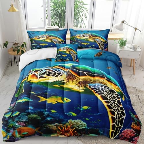 Ocean Turtle Comforter Set 4 Pcs Mediterranean Style Themed King Blue-06