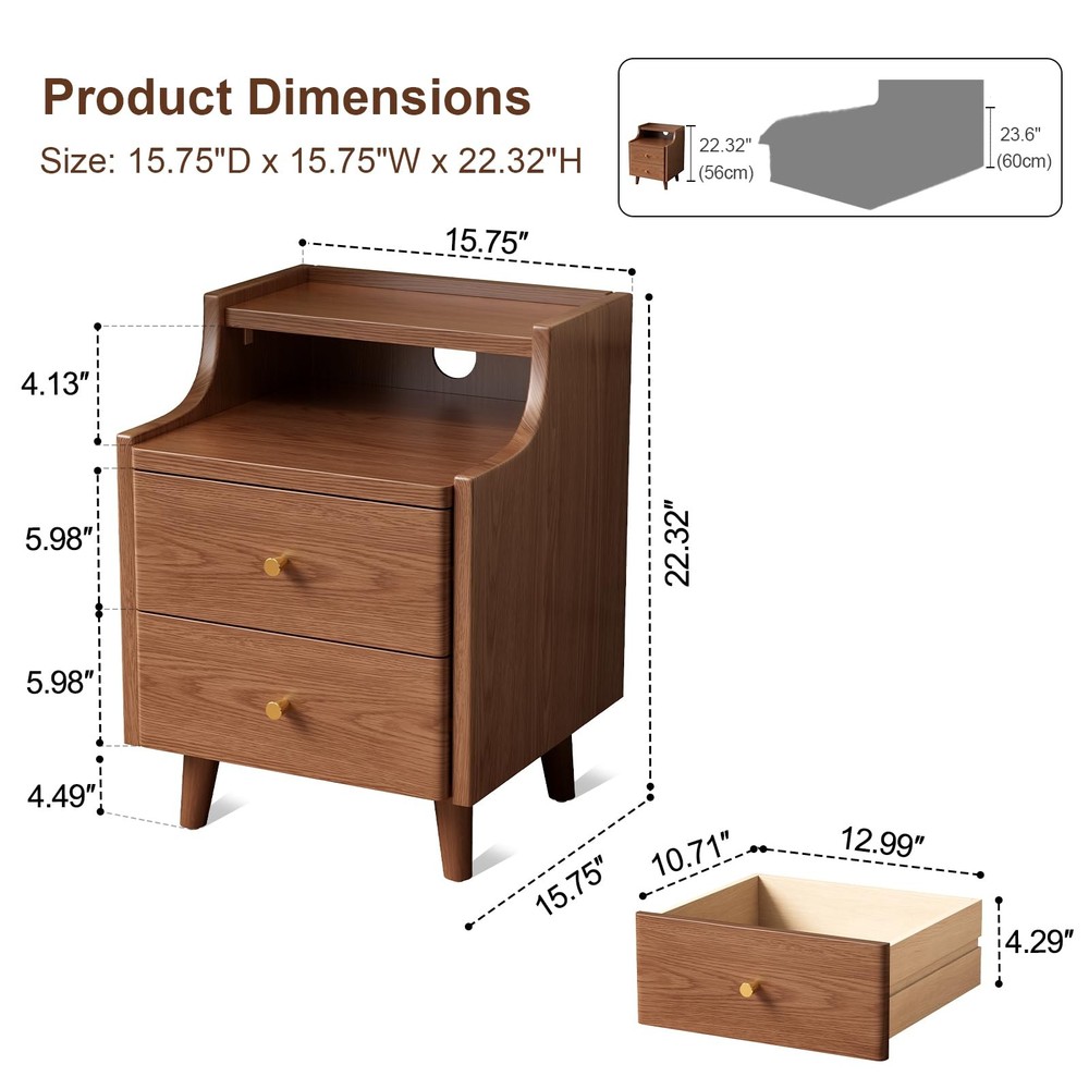 Narrow Nightstand with 2 Drawers,Walnut Nightstand,Bedside Table,Solid Wood M...