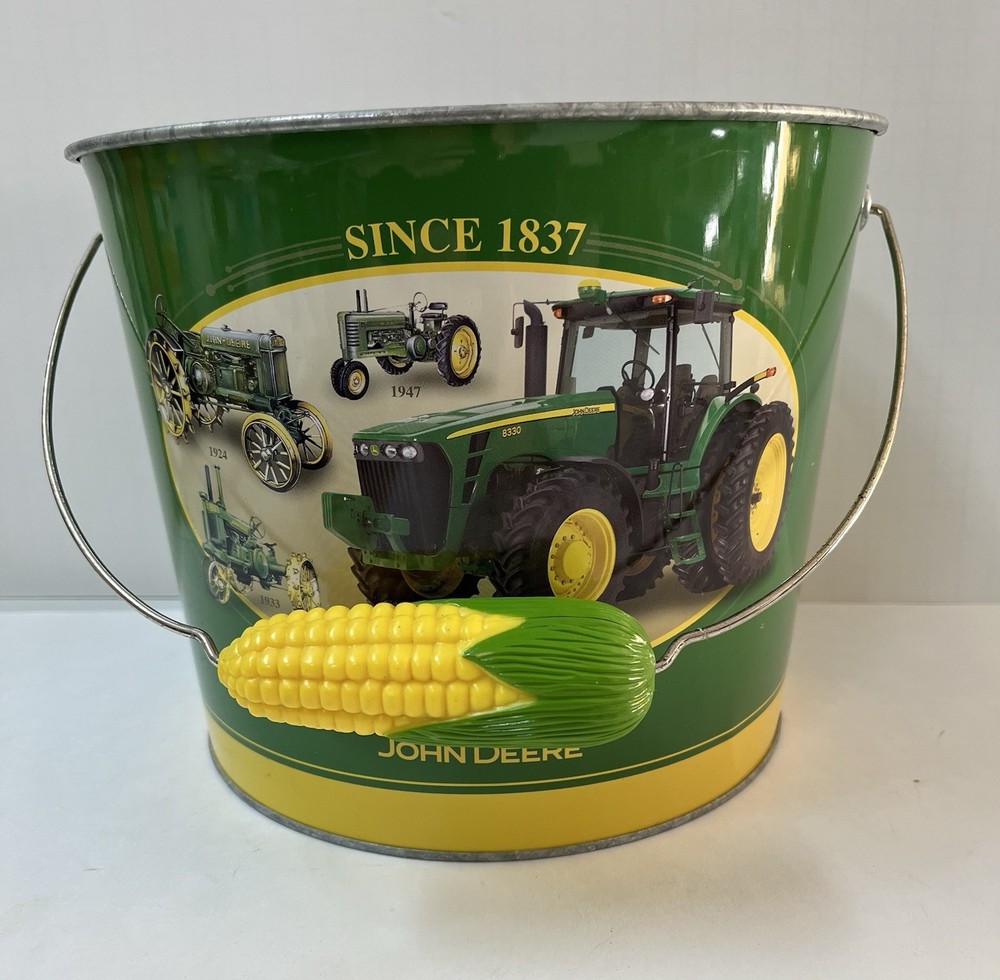 Decorative John Deere Tin Bucket w/Plastic Corn-shaped Grip Handle 7” H