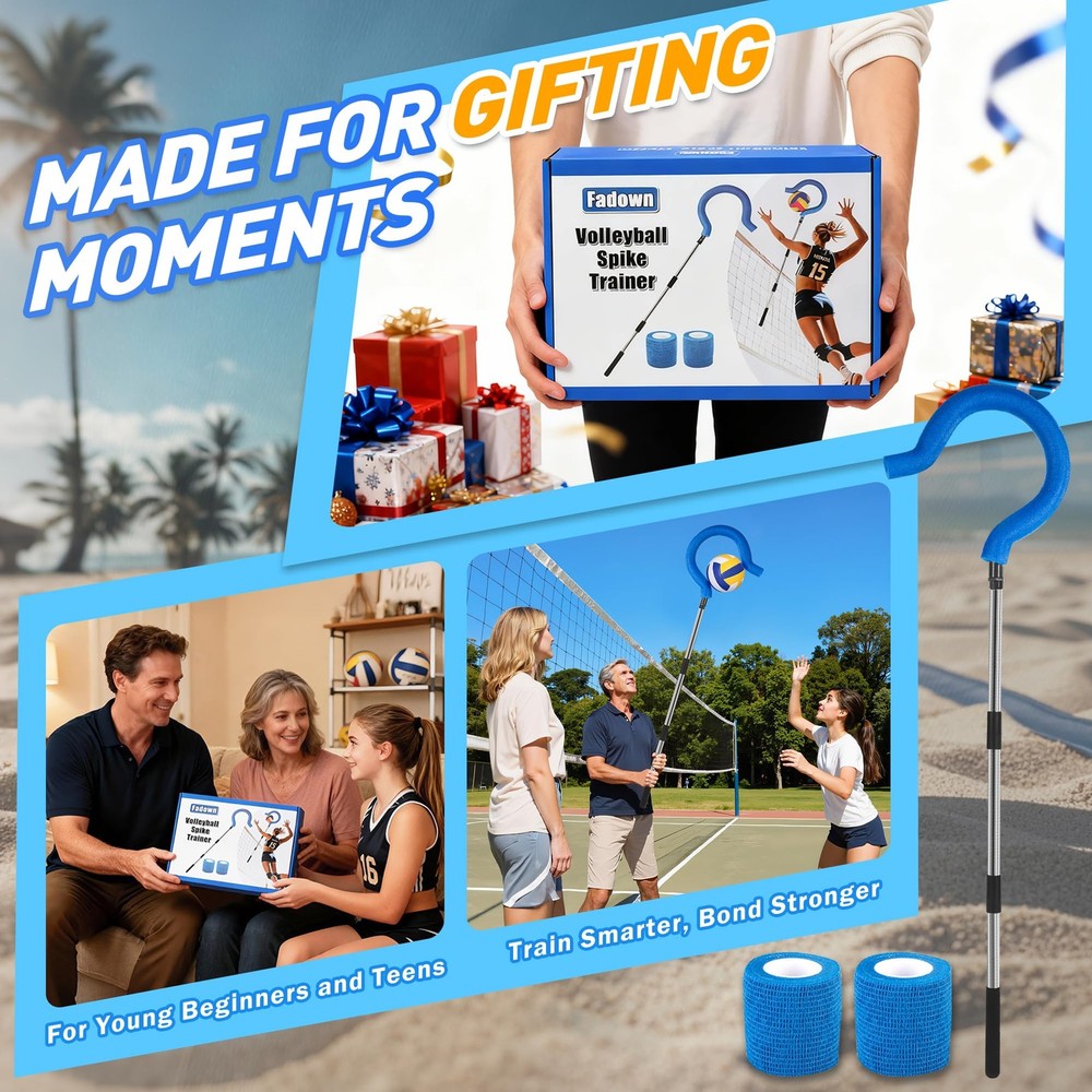 Adjustable Volleyball Spike Trainer with Question Mark Hook, Portable Blue