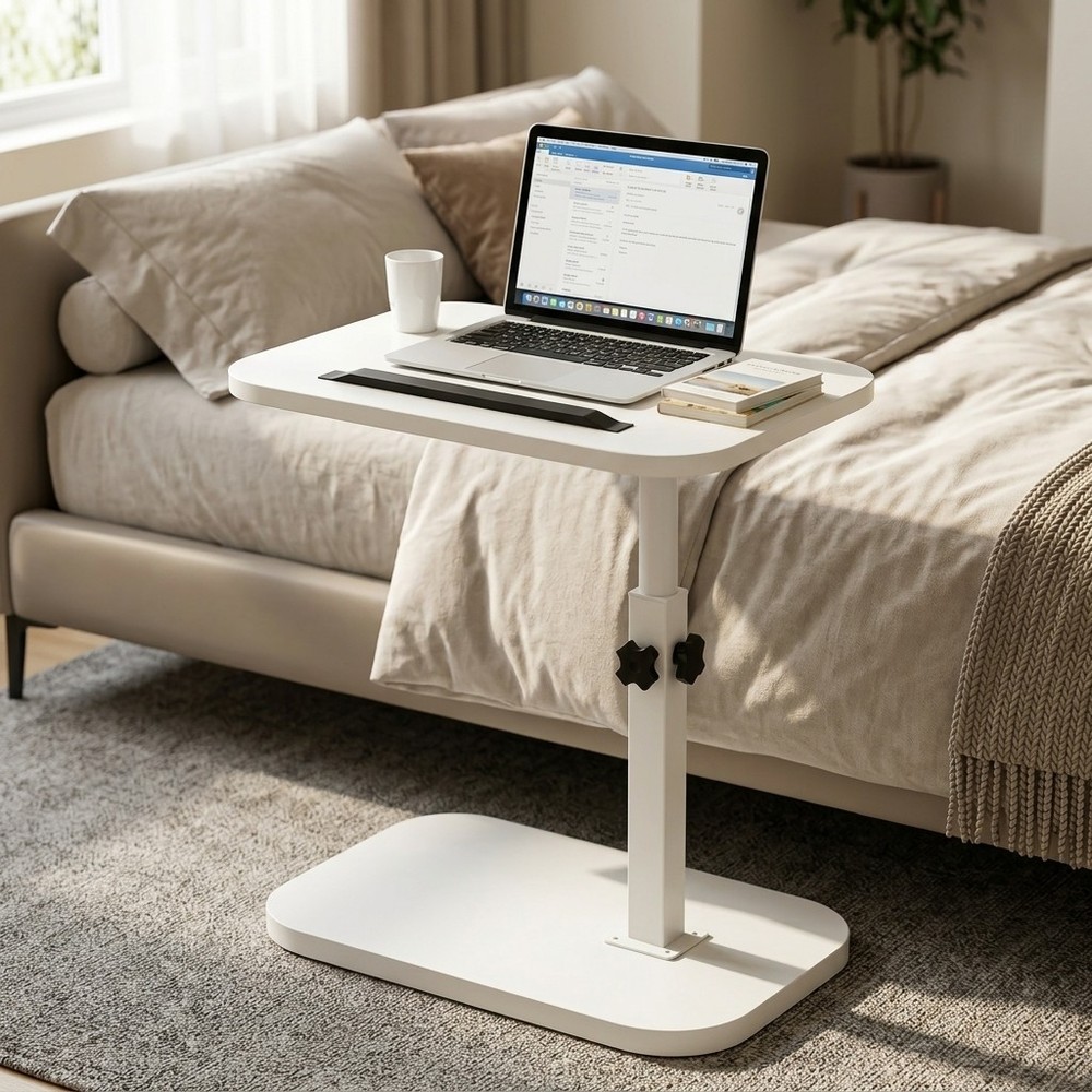 Swivel White C-Shaped Side Table Height Adjustable End Table with Slot for Sofa