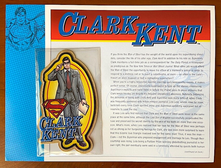 CLARK KENT PATCH on INFO CARD ~ Willabee & Ward ~ DC COMICS PATCH COLLECTION