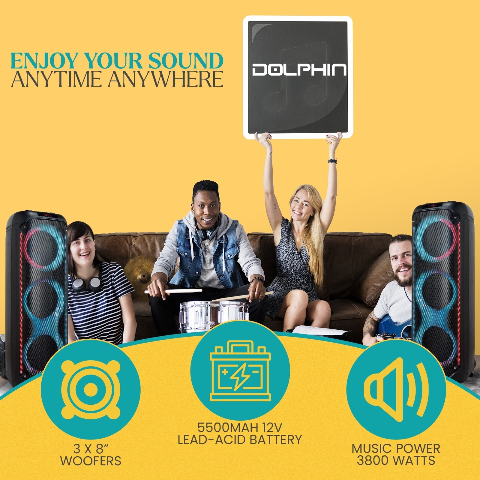 Dolphin KP-380 Triple 8” Portable Karaoke Party Speaker Lasting Battery with Mic