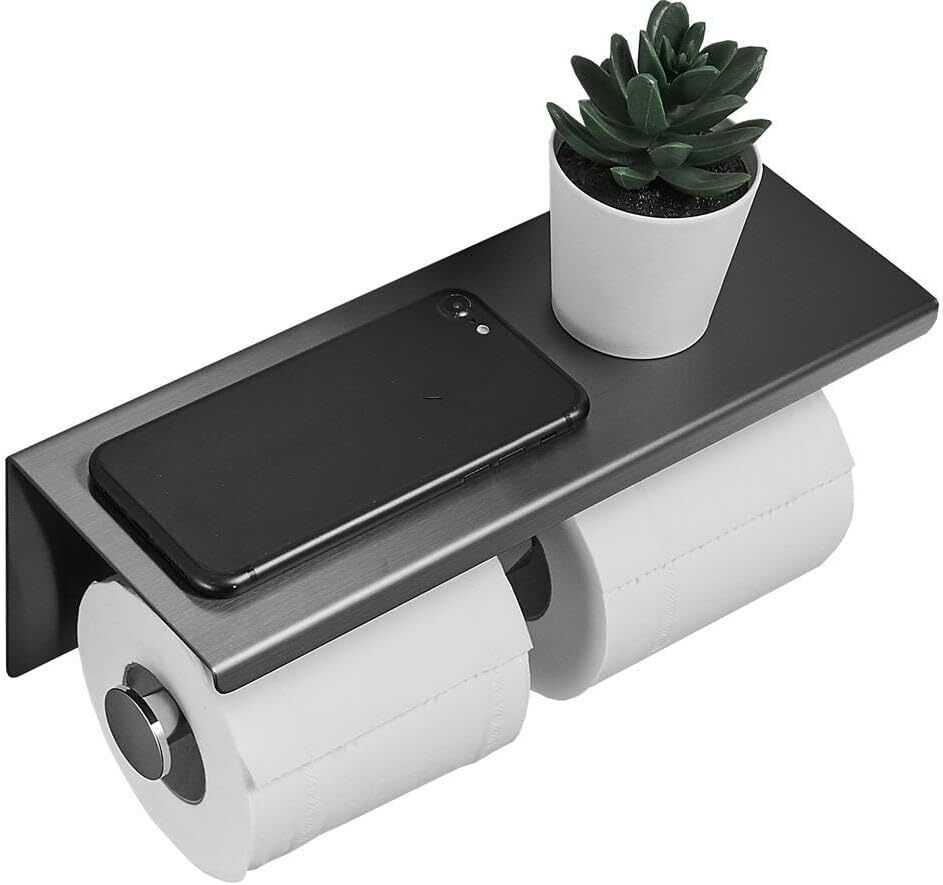 Wall Mounted Toilet Paper Holder with Phone Shelf Bathroom Double Roll Holder US