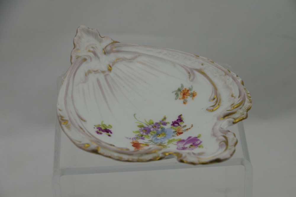 Dresden Flowers Shield Shaped Trinket Dish Germany Scrolls