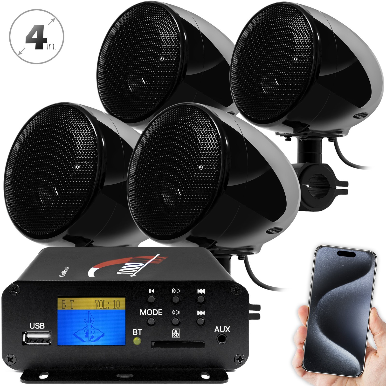1000W Amp Bluetooth Waterproof ATV UTV RZR Polaris Stereo Speakers Audio System