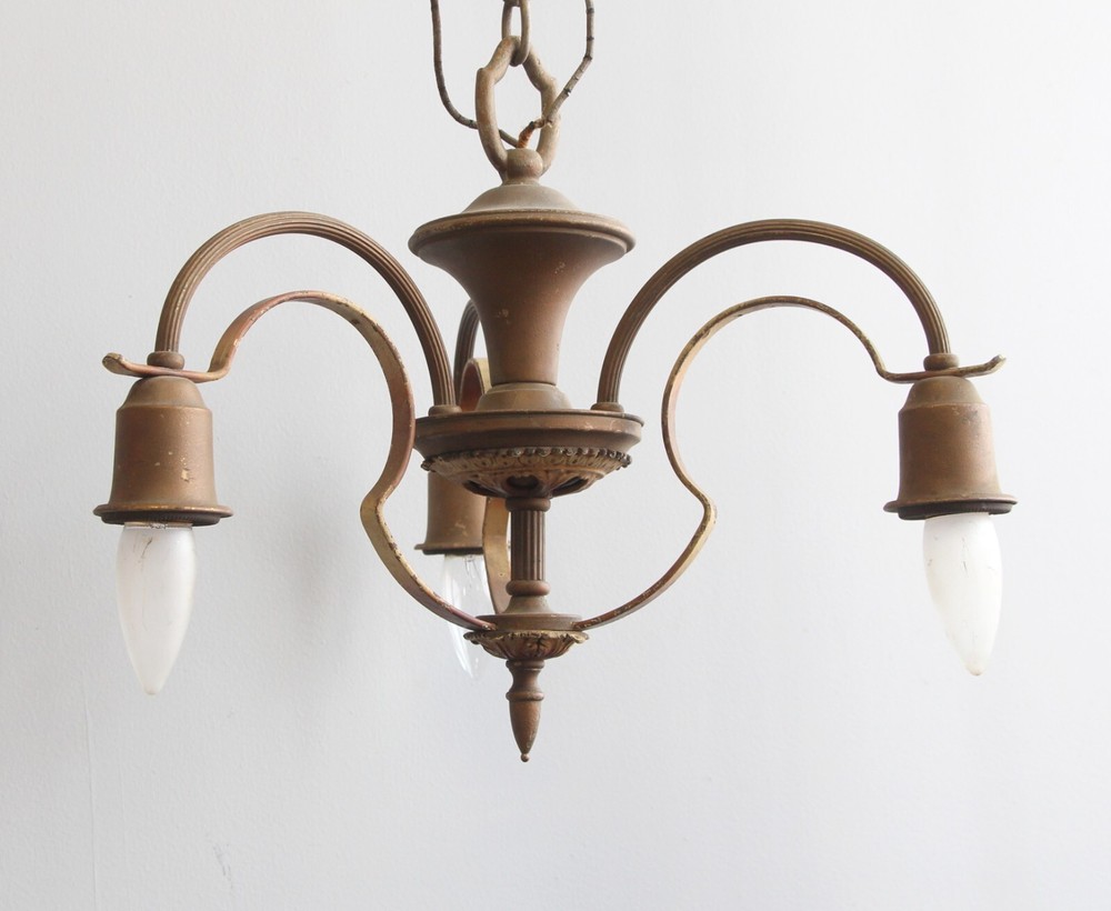 1940s Brass 3 Arm Down Light Chandelier