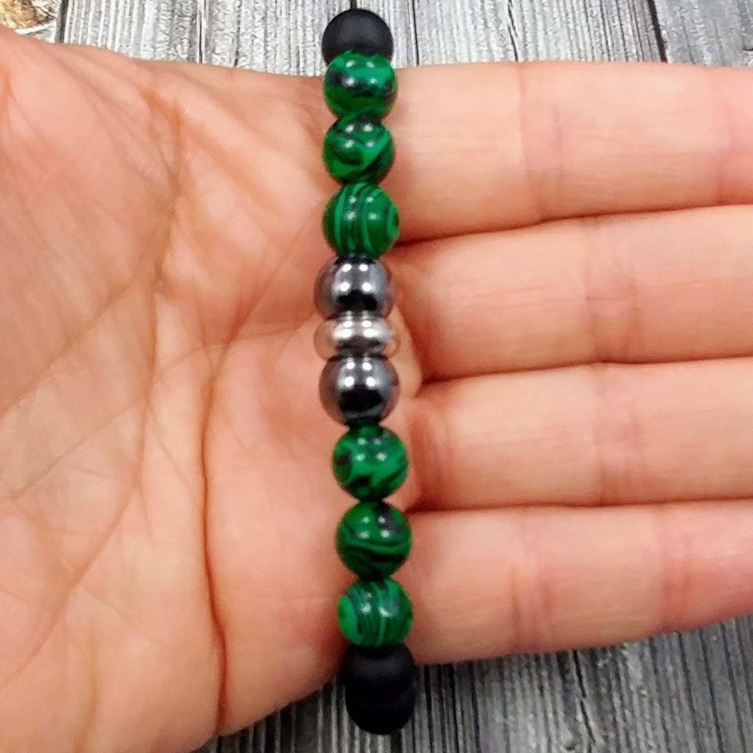 7.5"L STAINLESS STEEL 8mm Malachite+Hematite+Onyx Gemstone Beaded Men's Bracelet