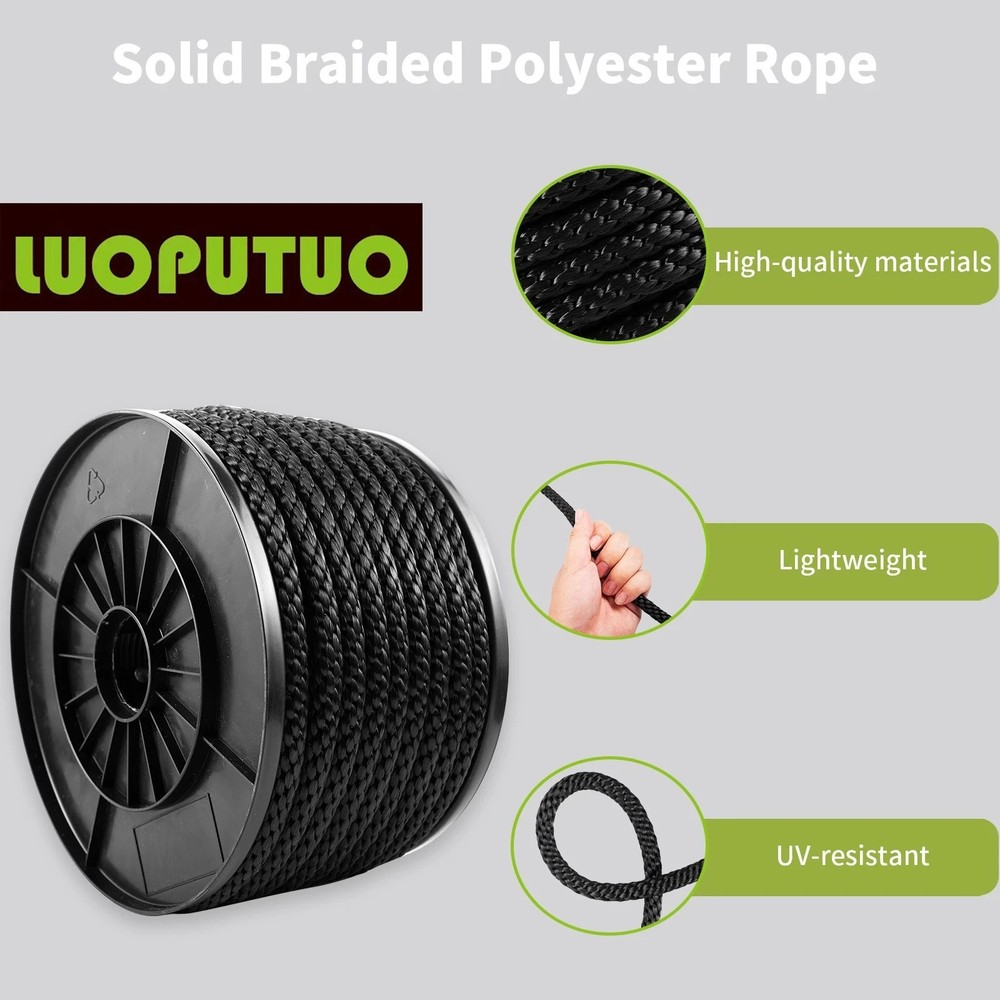 1/2'' 100FT Black Polyester Solid Braid Rope
