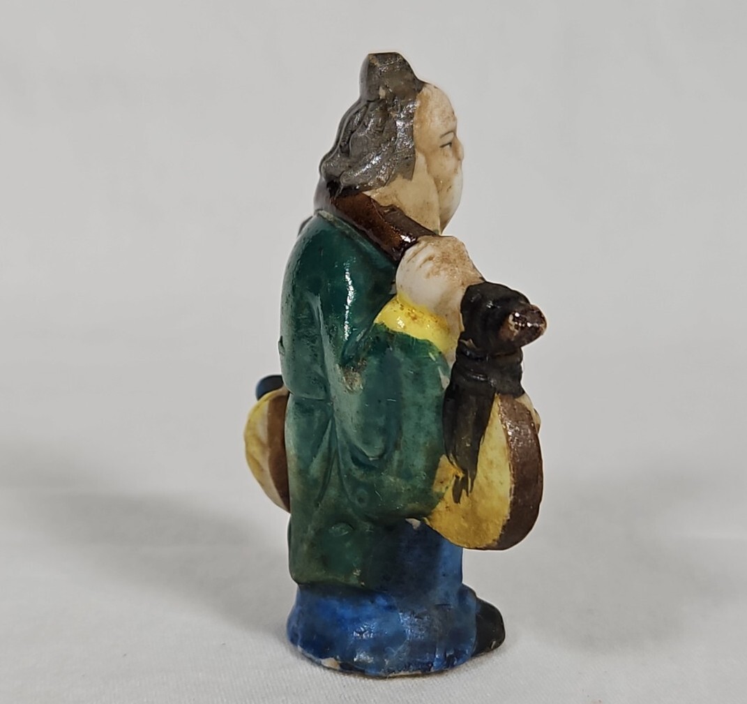 Vintage Japanese Miniature Figurine Yoke Bearing Man Coin Peach Peasant