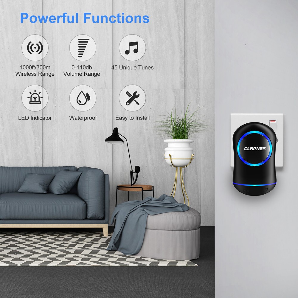 Wireless Doorbell Chime Waterproof Plugin Receiver Adjustable Volume 1000FT Kit