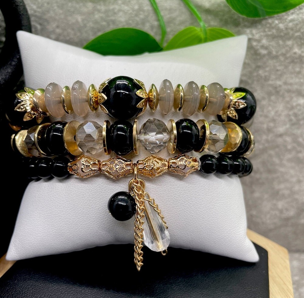 3 PC Handmade Boho Beaded Stackable 7” Plus Stretch Bracelet Set New B1350