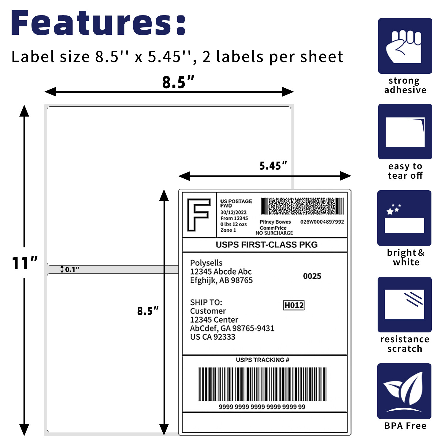 Shipping Labels 8.5x5.5 half sheet Self Adhesive 2 Per Sheet POLYSELLS