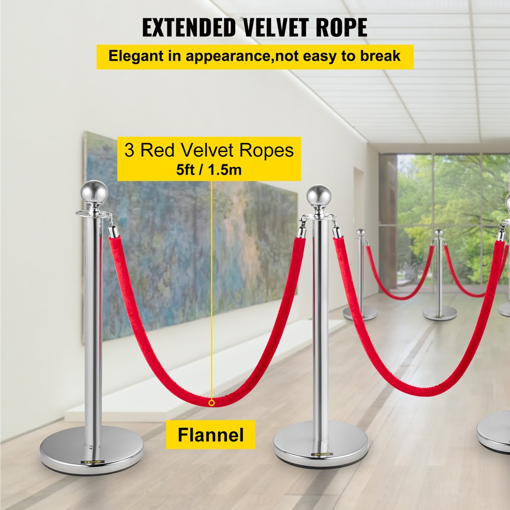 6PCS Silver Stanchion Posts Queue Crowd Control Barrier with 3 Velvet Ropes