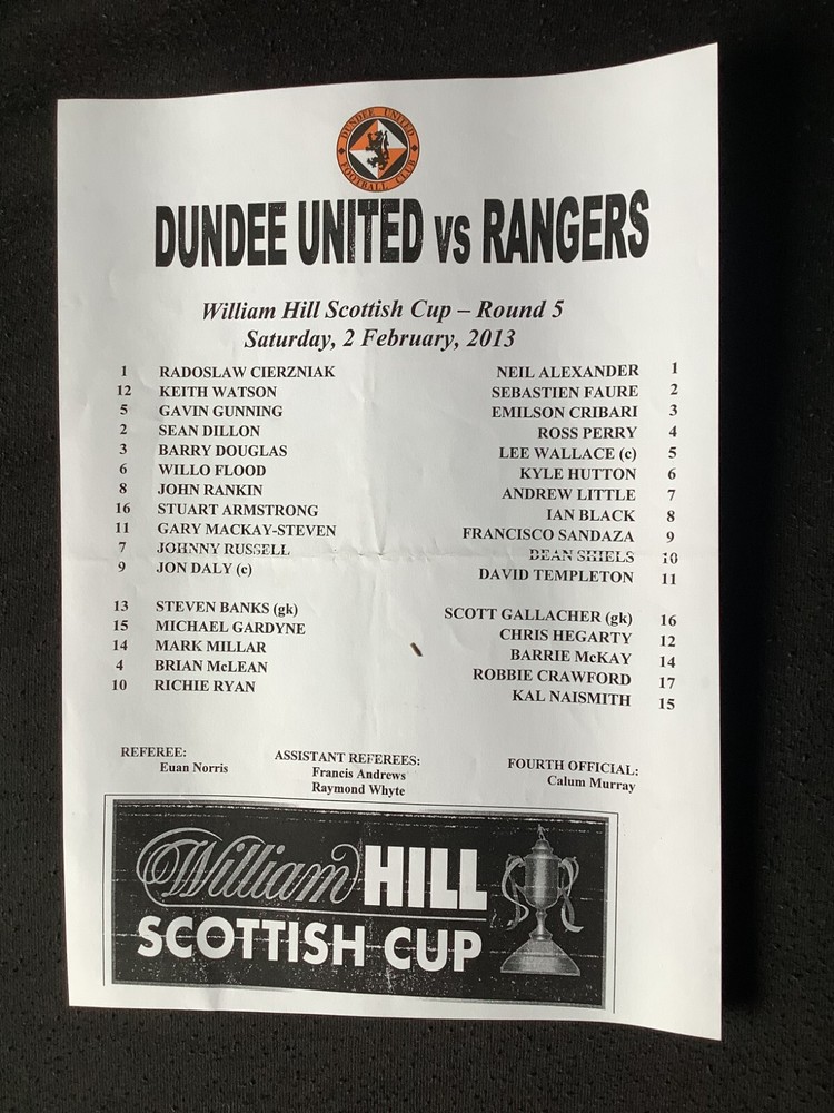 2012/13 Dundee Utd v Rangers Scottish Cup teamsheet