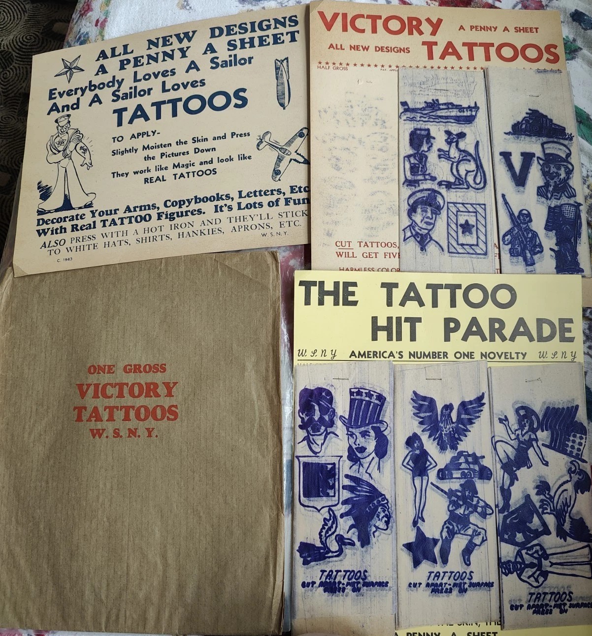 Vintage WWII Era Victory Tattoos Lot W.S.N.Y. Penny a Sheet Sailor Patriotic...