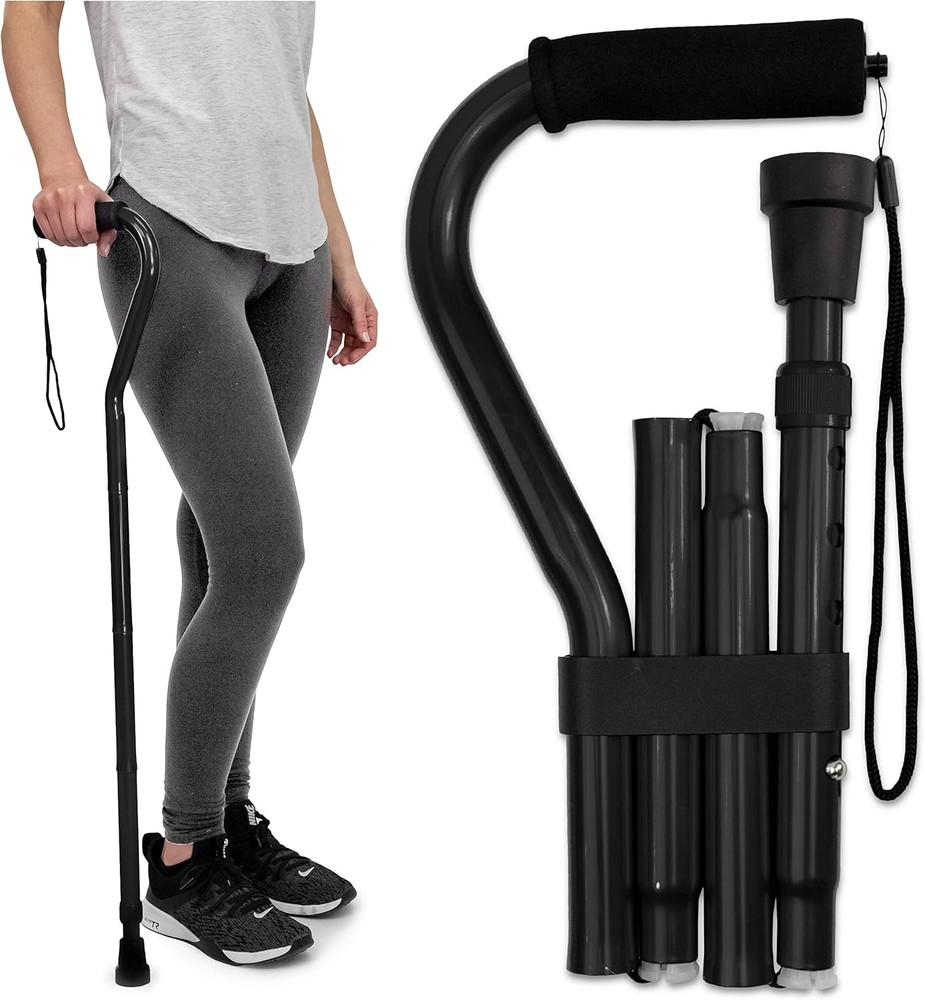 RMS Folding Cane with Offset Foam Handle, Adjustable Walking Stick Black