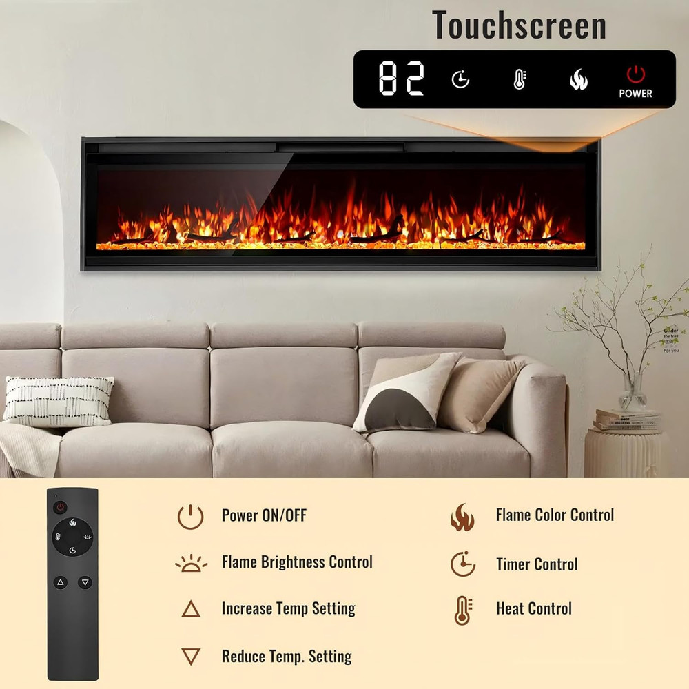 60" Wall Mounted Electric Fireplace with Remote, Multicolor Flames & Timer