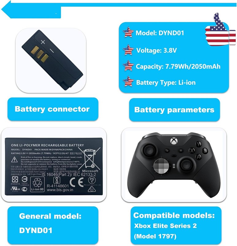 Battery DYND01 For Microsoft XBOX ELITE SERIES 2 Controller Model 1797