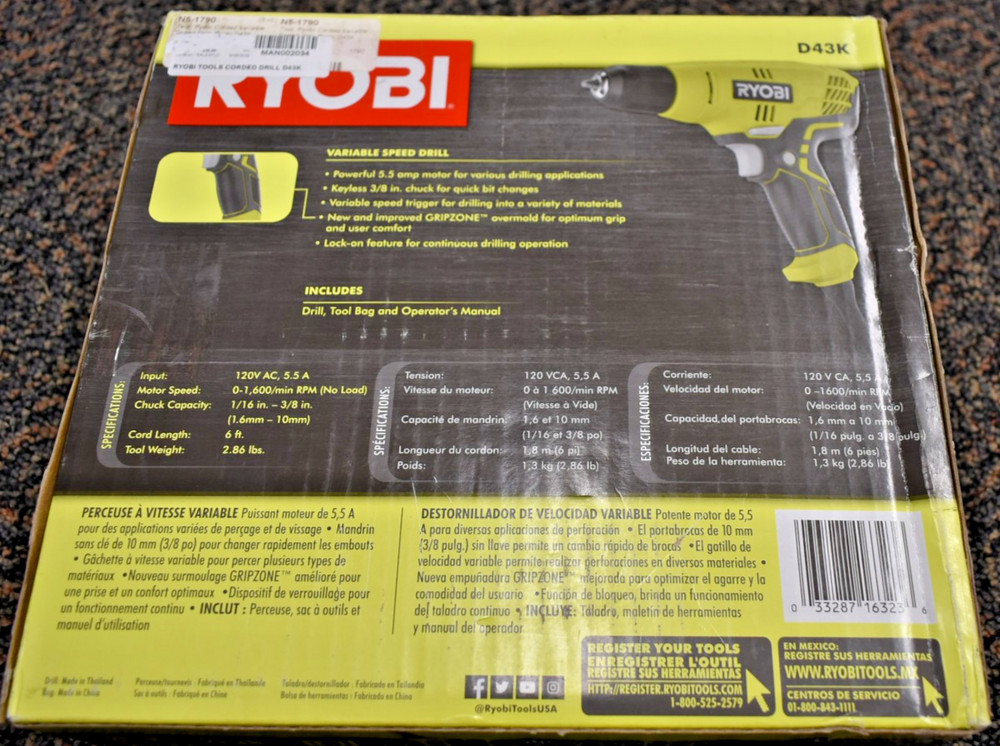 Ryobi D43K Variable Speed Drill With Keyless 3/8" Chuck & Tool Bag