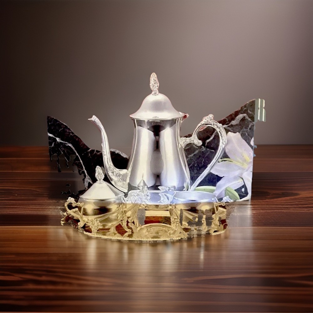Silver plated Four Piece Coffe Set Includes Coffee Pot Creamer Sugar Bowl