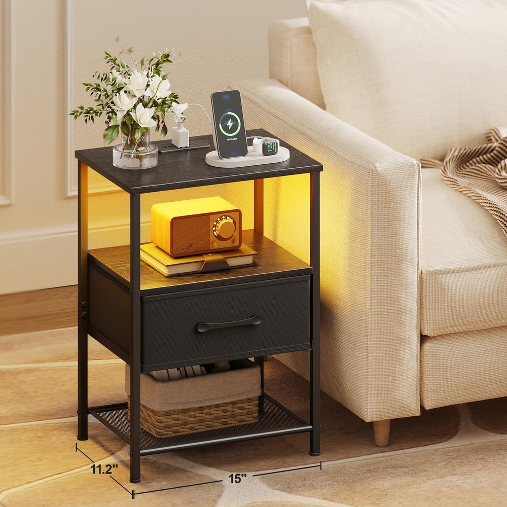 Night Stand Set 2, End Table with Charging Station, LED Bedside Table with Fa...