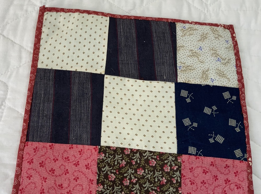 Vintage Patchwork Quilt Table Topper, Early Calico Prints, Nine Patch