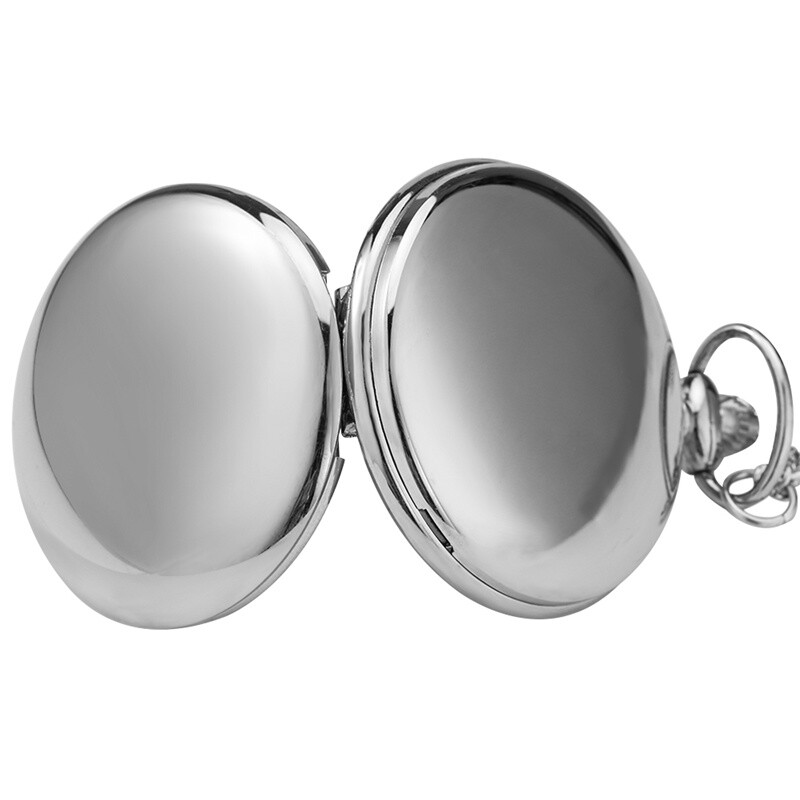 Silver Smooth Quartz Pocket Watch Roman Numerals Dial Fob Chain for Men Women