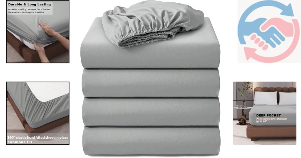 4-Pack Hotel Quality Queen Fitted Sheets, 100% Microfiber, Light Gray, 60"x80"