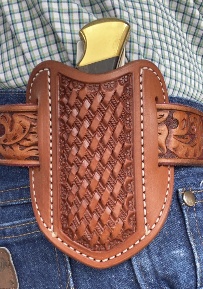 Large Leather Pancake Pocket Knife Sheath Vertical Draw Ruff’s Saddle Chestnut